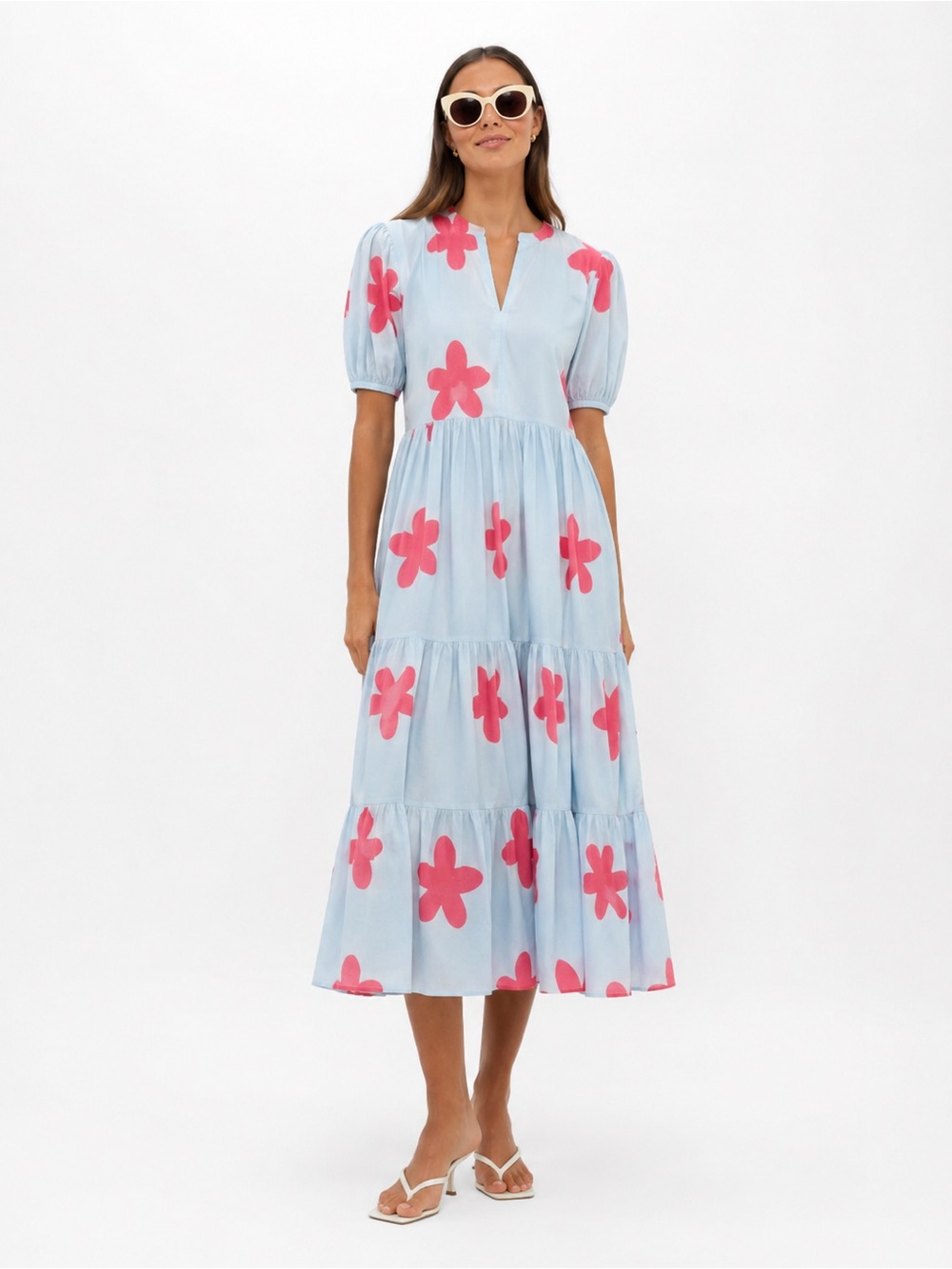 Oliphant Mela Blue Cotton Maxi Dress XS Pink Floral Resort Coastal Grandmother